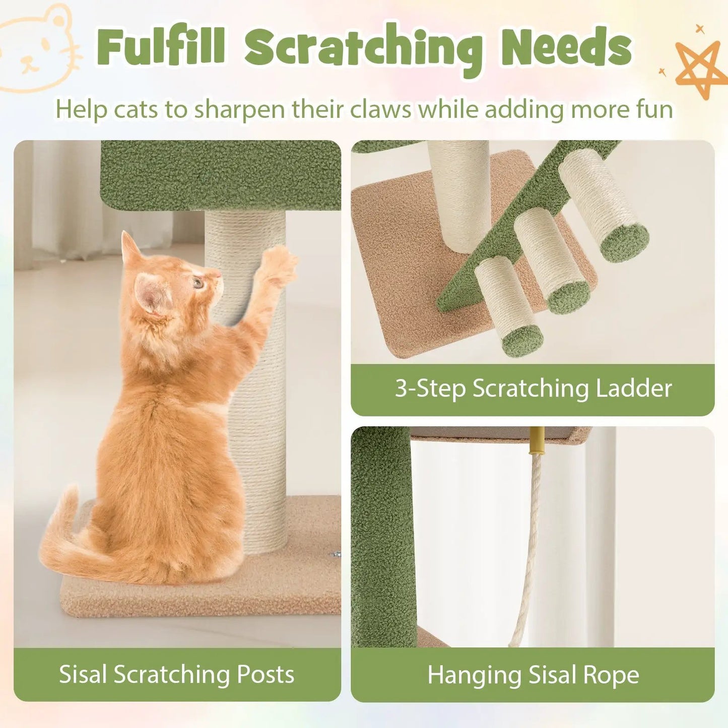 Floor to ceiling cat tree with adjustable height, green carpeted platforms and sisal posts on Tampa Home & Garden Store