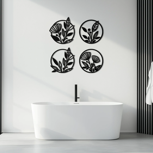 Four round floral botanical metal wall art panels in black silhouettes for modern decor on Tampa Home & Garden Store