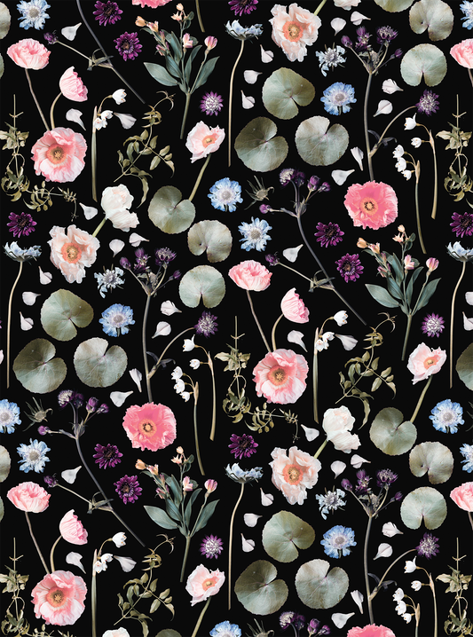 Floral Finds wallpaper in black with pink blooms, blue accents and green leaves on Tampa Home & Garden Store
