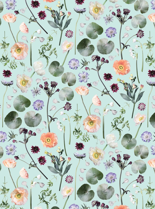 Floral Finds Blue Wallpaper with pastel roses and purple blooms on mint background on Tampa Home & Garden Store