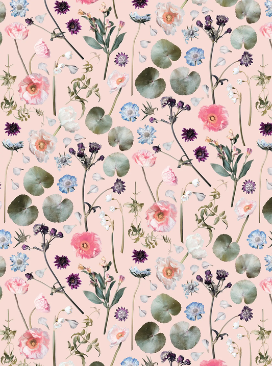 Floral Finds Pink Peel-and-Stick Wallpaper with pale pink background and mixed florals on Tampa Home & Garden Store