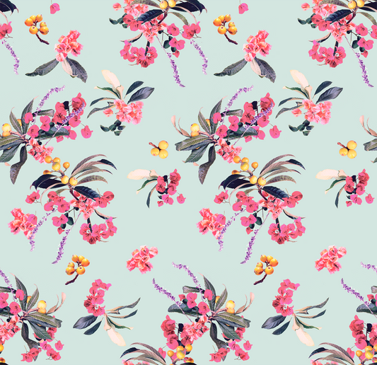 Wallpaper Floral Loquat blue with pink blossoms and fruit on mint background by Samantha Santana on Tampa Home & Garden Store