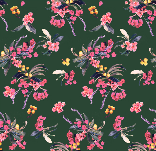Wallpaper Floral Loquat pattern with pink blossoms and green leaves on dark green background on Tampa Home & Garden Store