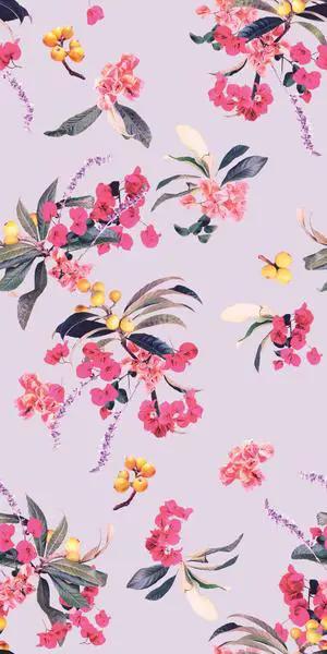 Floral Loquat wallpaper lavender watercolor with pink blossoms and yellow berries on Tampa Home & Garden Store