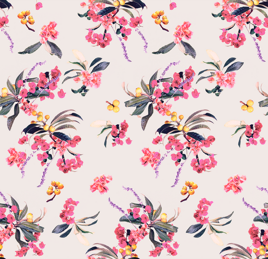 Floral Loquat Wallpaper Off White with pink blossoms and berries Samantha Santana Creative on Tampa Home & Garden Store