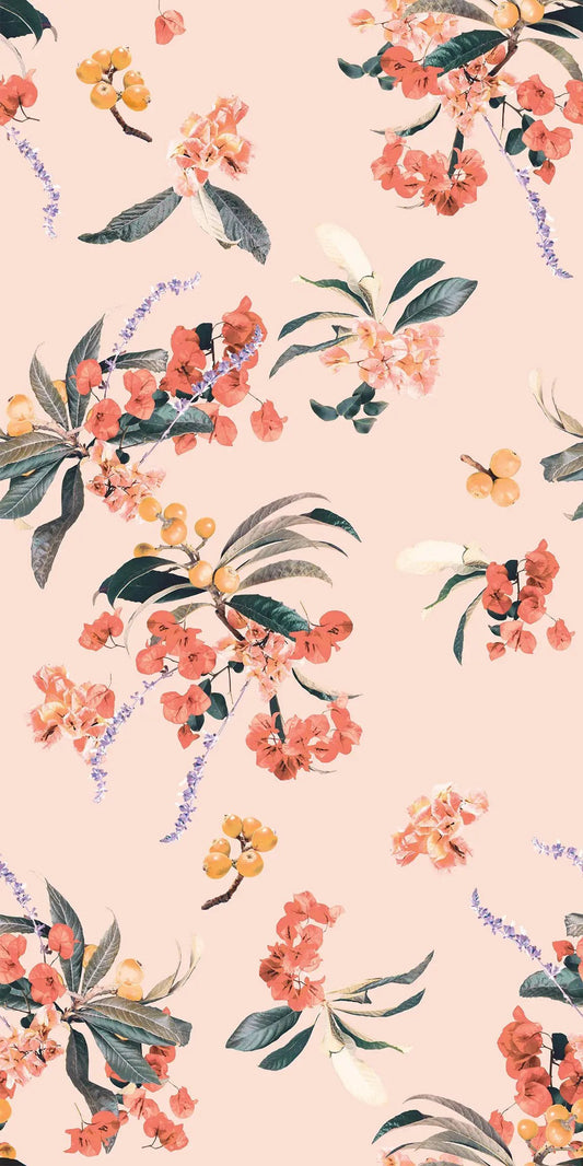 Floral Loquat wallpaper peach tones with green leaves by Samantha Santana Creative on Tampa Home & Garden Store