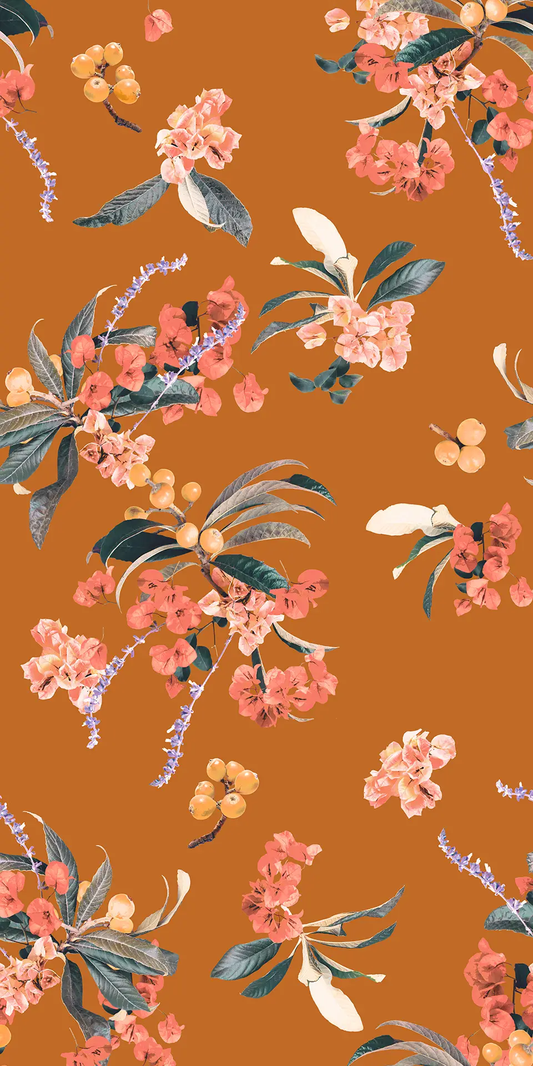 Floral Loquat Wallpaper in rust hue with pink blossoms and green leaves on Tampa Home & Garden Store