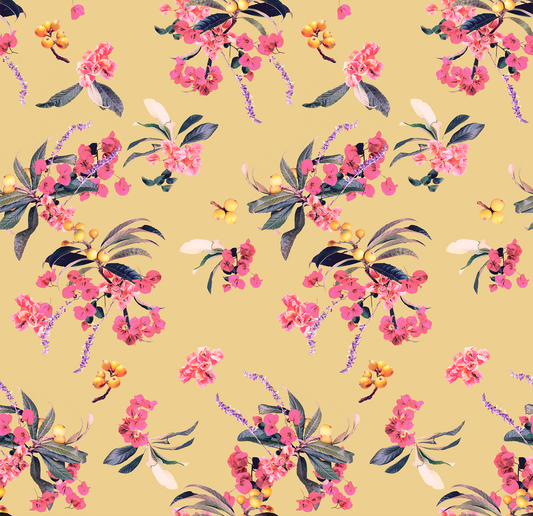 Floral loquat wallpaper with pink blooms, yellow background, leafy branches on Tampa Home & Garden Store
