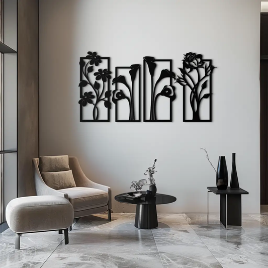 Five-panel black floral metal wall art by Enova Art, modern botanical panels on Tampa Home & Garden Store