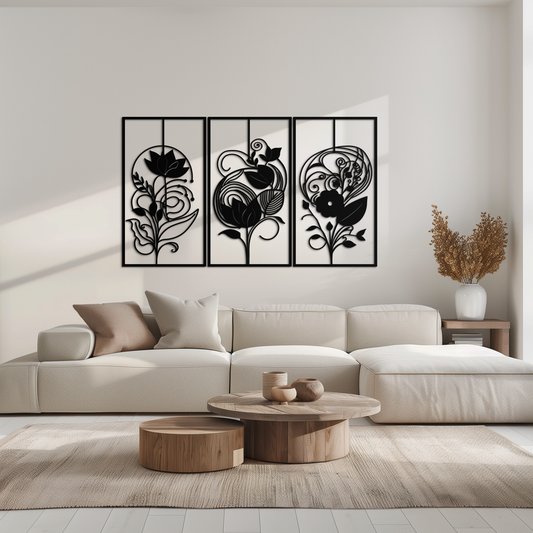 Floral Panel Trio Metal Wall Art - Elegant Black Botanical Wall Decor Set- KAF317 - Tampa Home & Garden Store
