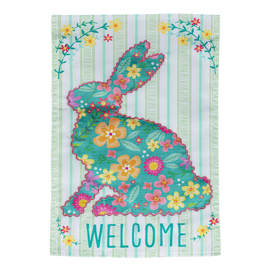 Floral Patterned Bunny Applique Garden Flag with teal bunny and flowers on striped pastel on Tampa Home & Garden Store