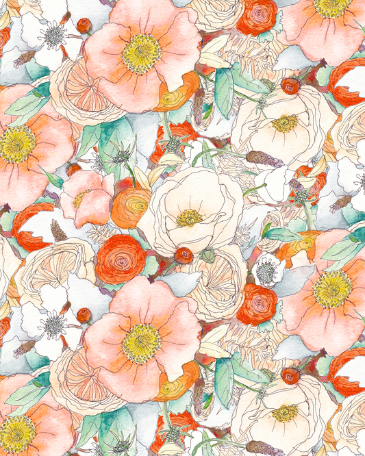 Floral Reverie Wallpaper orange peach tones with watercolor florals by Samantha Santana Creative on Tampa Home & Garden Store