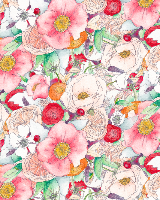 Wallpaper Floral Reverie red and purple hues watercolor floral pattern by Samantha Santana on Tampa Home & Garden Store
