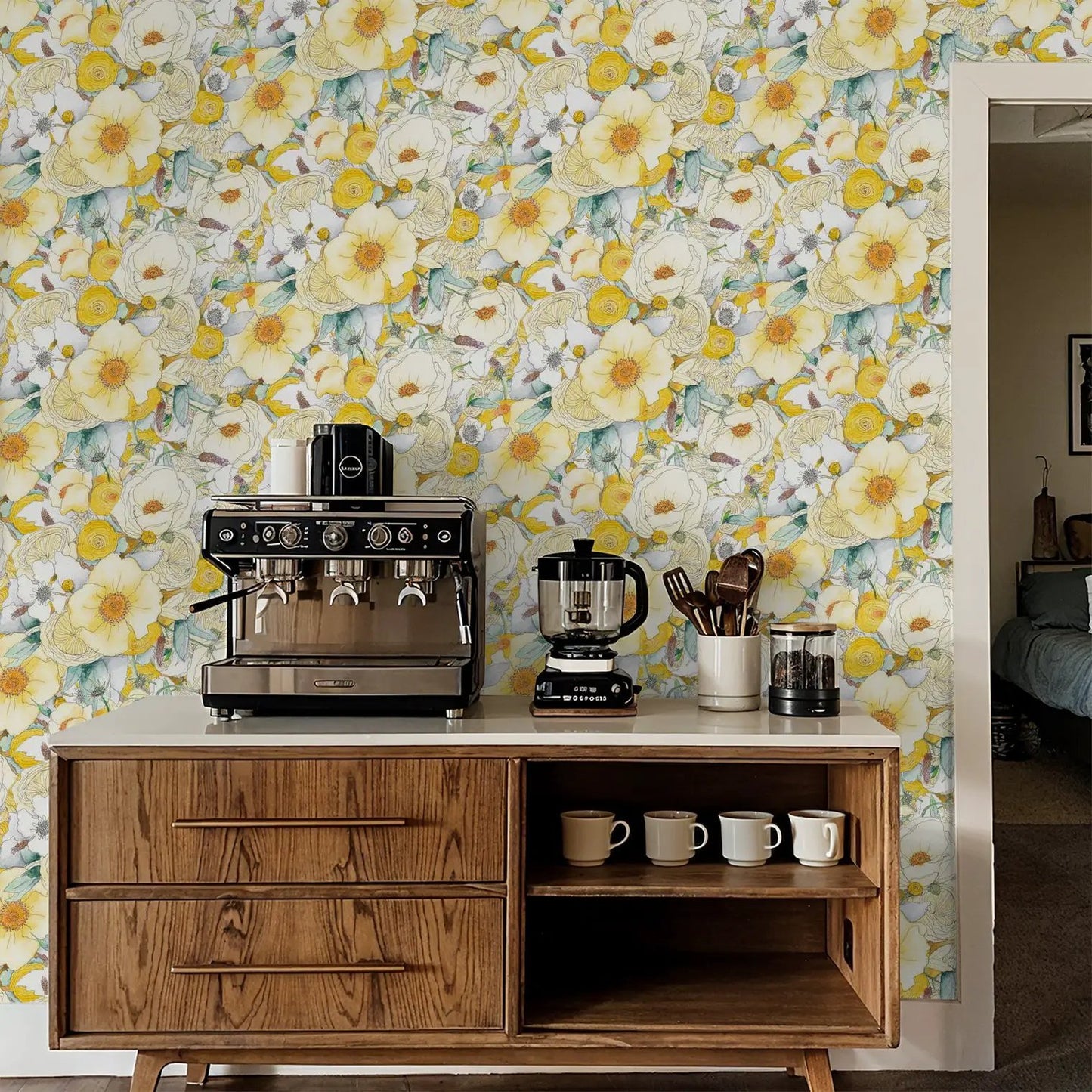Wallpaper Bright Yellow Floral Reverie by Samantha Santana Creative in a sunny kitchen on Tampa Home & Garden Store