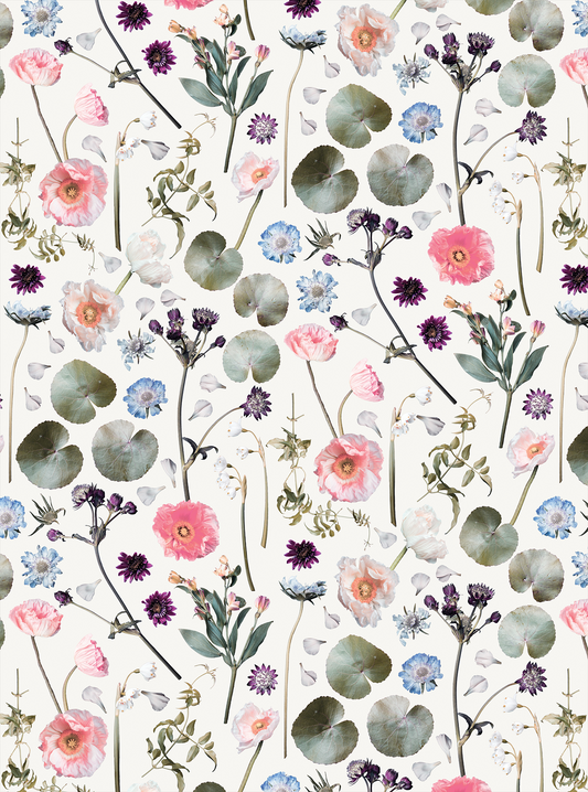 Floral Finds Wallpaper white background with pink poppies, purple blooms and blue cornflowers on Tampa Home & Garden Store