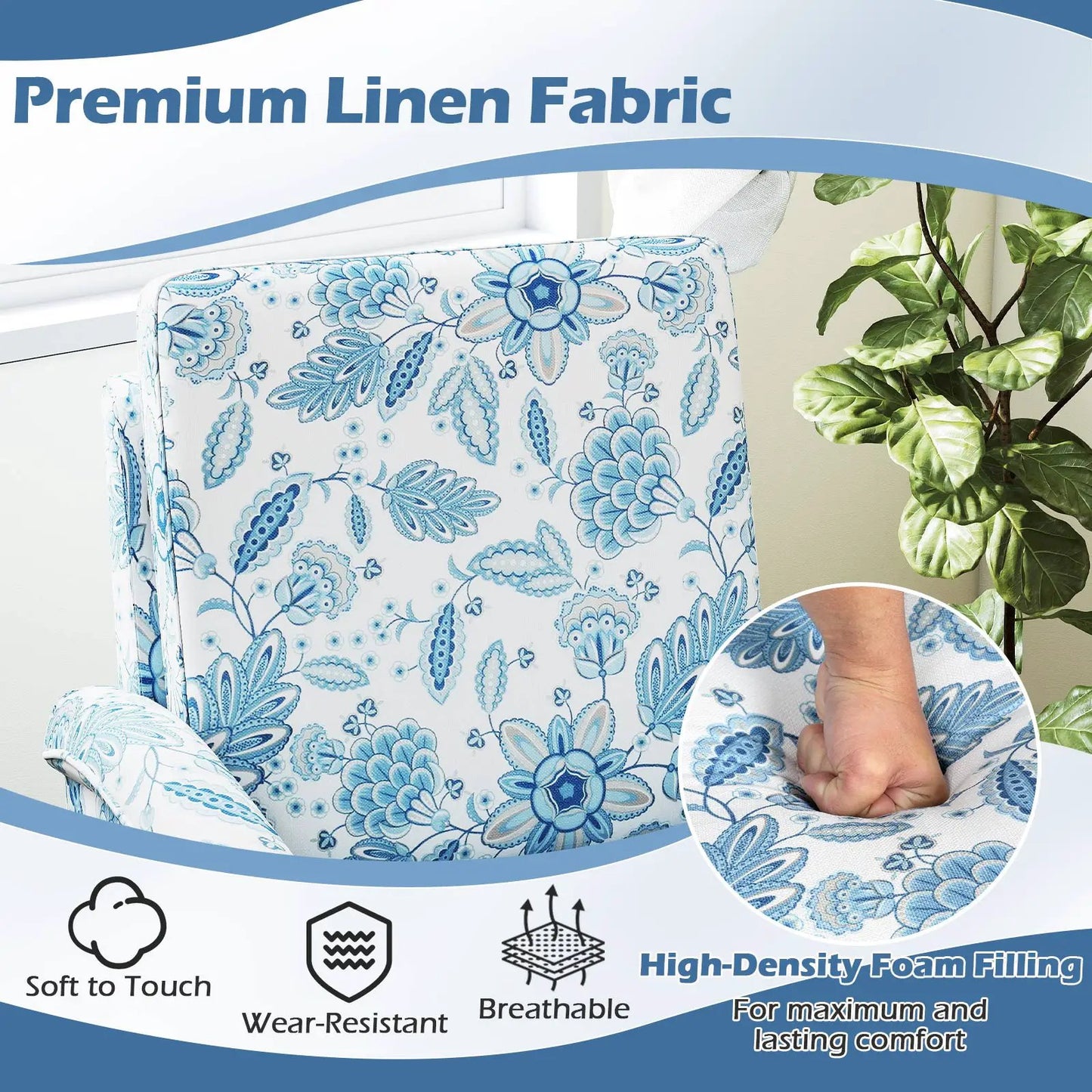 Floral Accent Chair Farmhouse Boho Armchair in blue floral linen fabric DirectDeals on Tampa Home & Garden Store