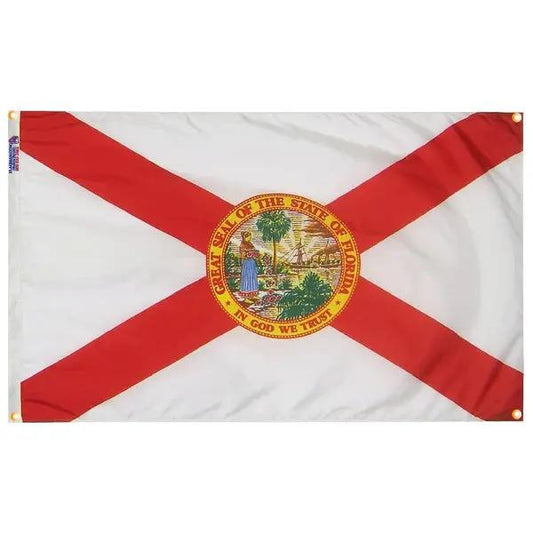 Florida flag with grommets; white field, red diagonal cross, state seal by Flagman on Tampa Home & Garden Store