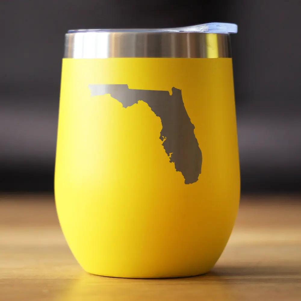 Wine tumbler 12oz with Florida state outline in brown on yellow with sliding lid on Tampa Home & Garden Store