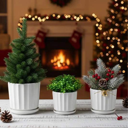 3-piece Florinia white ceramic planter set with fluted design and saucers on Tampa Home & Garden Store