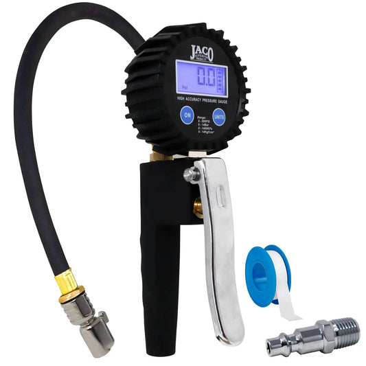 FlowPro 2.0 tire inflator with gauge, black ribbed housing and blue digital display by JACO on Tampa Home & Garden Store
