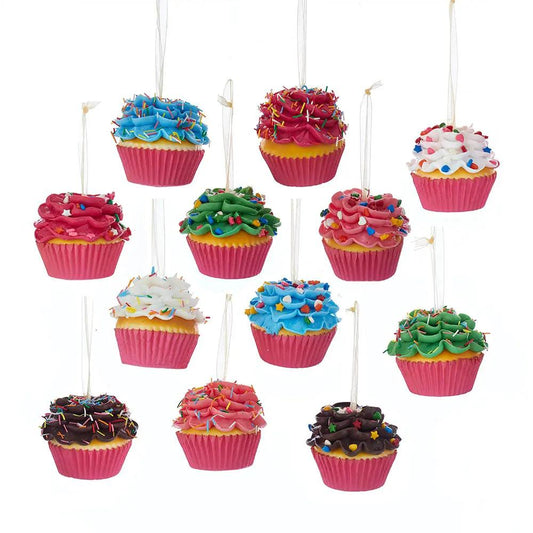 Flower Cupcake Ornament set in pink wrappers with colorful frosting and sprinkles, hanging on Tampa Home & Garden Store