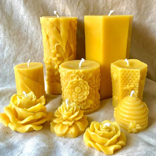 Flower Mandala Beeswax Pillar Candle set in sunny yellow with floral and honeycomb textures on Tampa Home & Garden Store