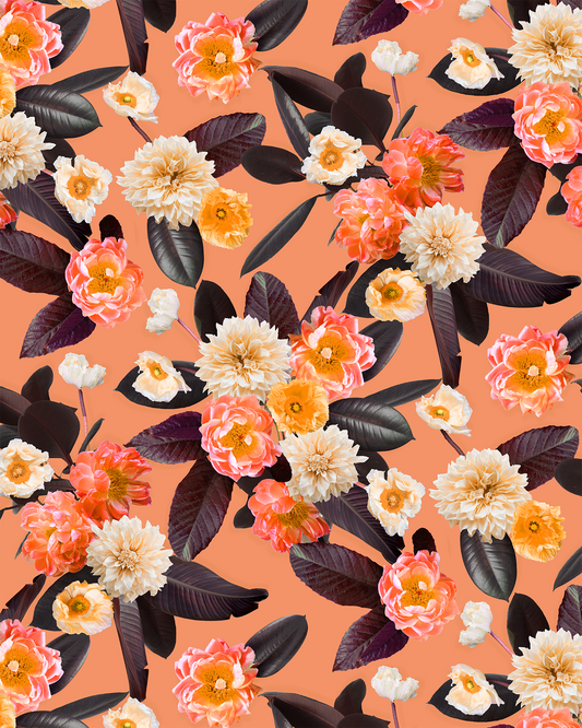 Wallpaper Flower Party Coral floral pattern with cream blooms by Samantha Santana Creative on Tampa Home & Garden Store