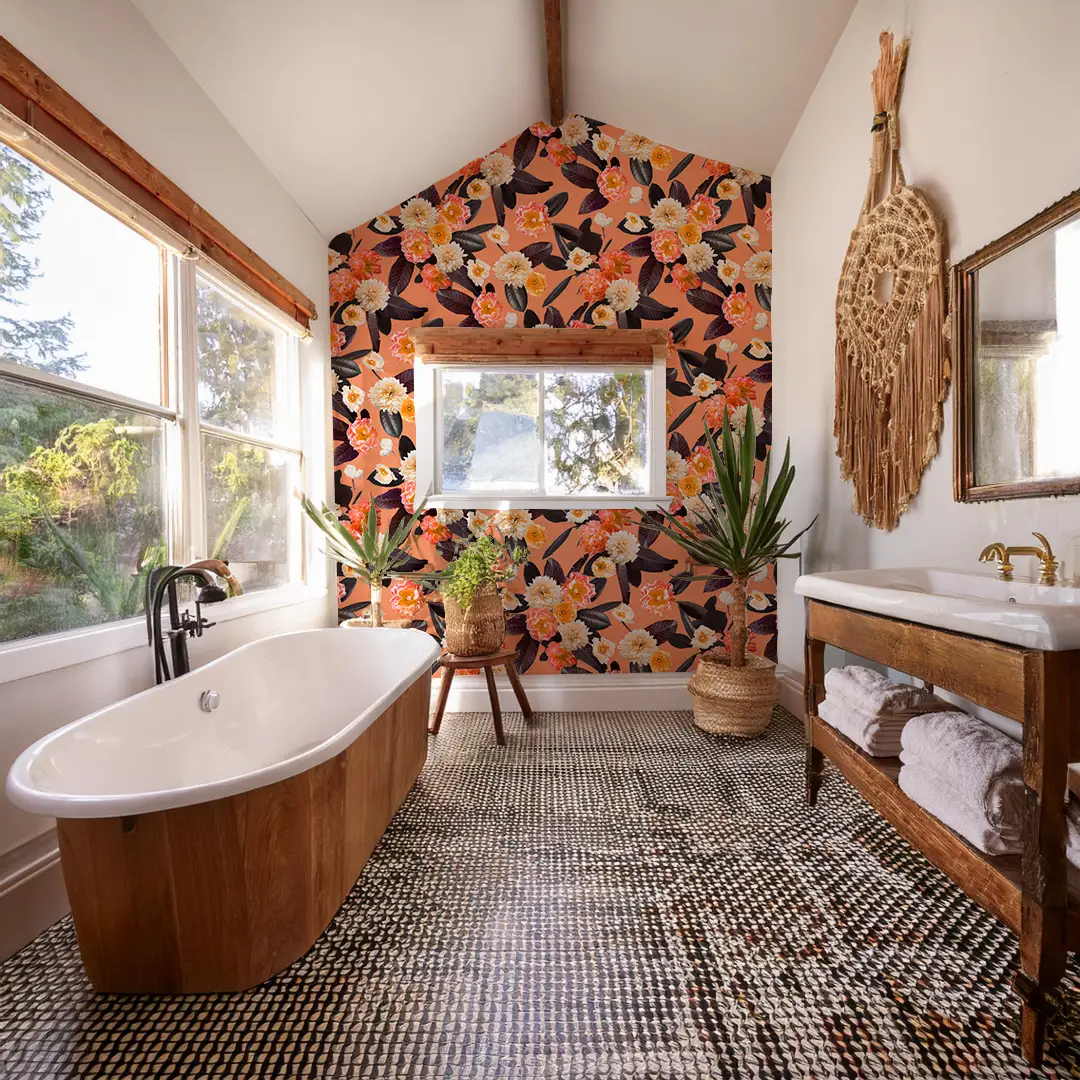 Flower Party Wallpaper Coral with freestanding tub by Samantha Santana Creative on Tampa Home & Garden Store