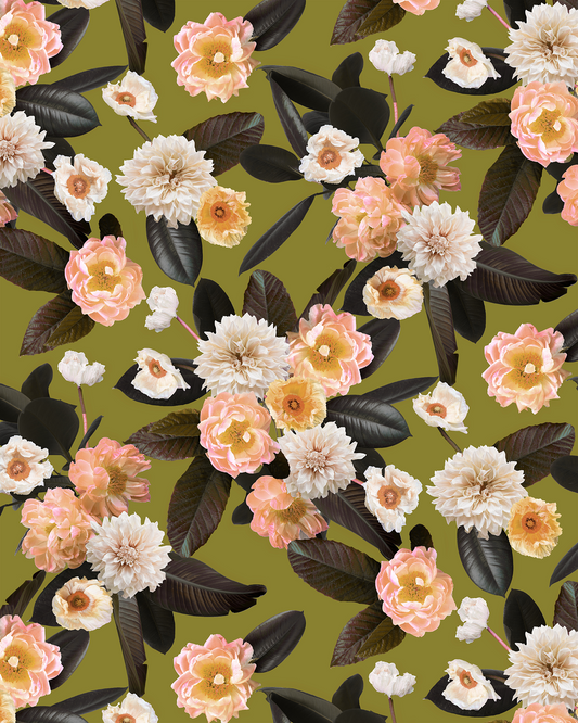 Green Flower Party Wallpaper with pink peach blooms and dark leaves on olive on Tampa Home & Garden Store