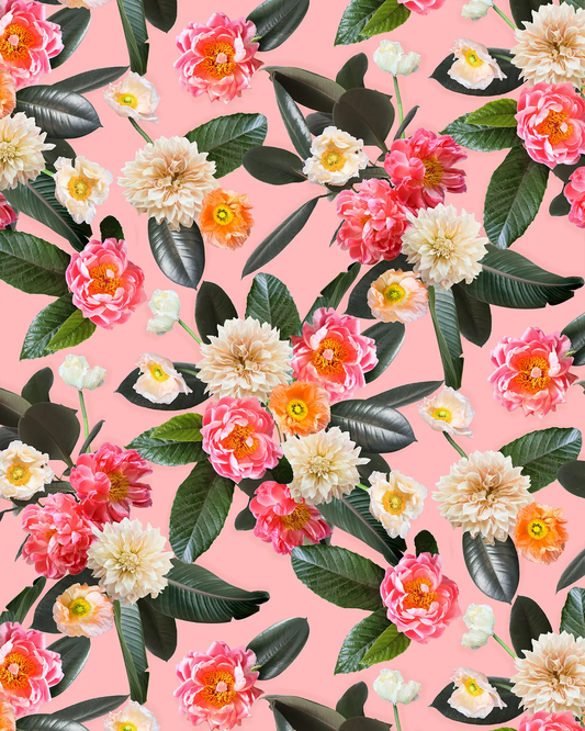 Wallpaper Flower Party Pink Floral Artwork pink background with bright blossoms and green leaves on Tampa Home & Garden Store