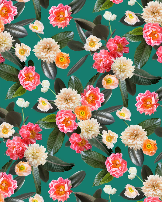 Wallpaper Flower Party teal floral pattern with pink and cream blossoms and green leaves on Tampa Home & Garden Store