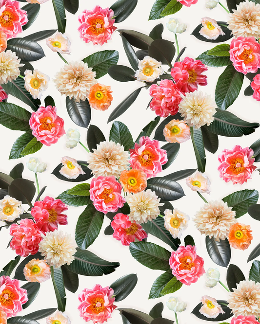 Flower Party Wallpaper white floral pattern with pink and peach blooms on Tampa Home & Garden Store