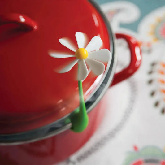 Flower Power Steam Releaser by OTOTO in red lid with white petals on green stem on Tampa Home & Garden Store