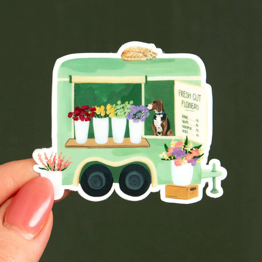 Vintage Flower Truck wall decal; truck with colorful bouquets and a sleeping cat on roof on Tampa Home & Garden Store