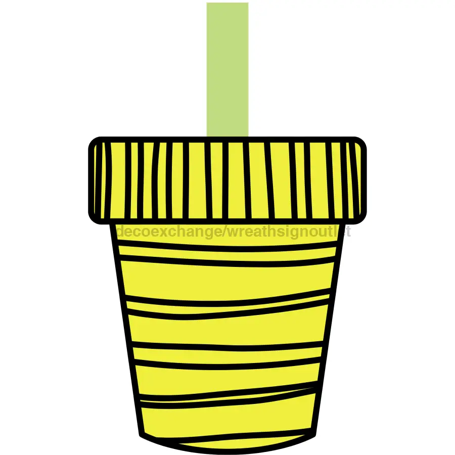 Flower pot wood sign wreath attachment in yellow striped pot with light green stem DecoExchange on Tampa Home & Garden Store