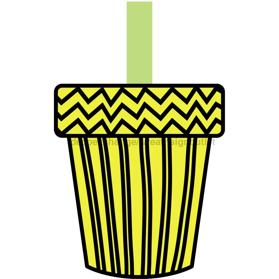 Flower Pot Wood Sign Door Hanger yellow striped pot with zigzag rim and green hanger strap on Tampa Home & Garden Store