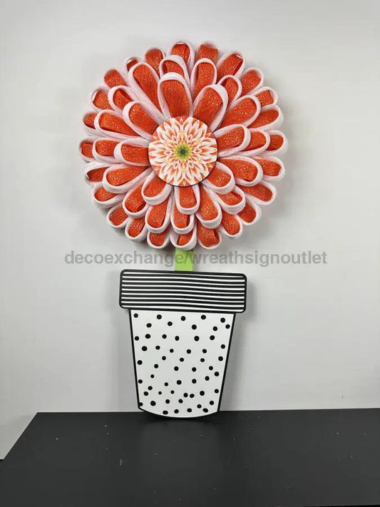 Flower Wreath Attachment 22in wood door hanger orange petals, green stem, dotted pot DecoExchange on Tampa Home & Garden Store