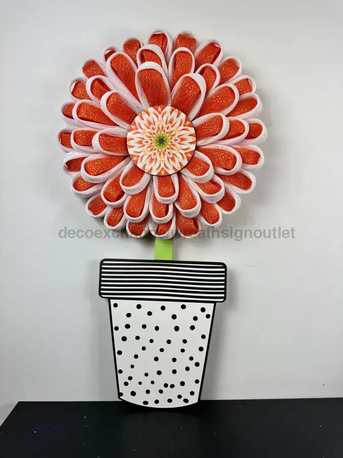 Flower Wreath Attachment wood sign door hanger with orange petals on polka-dot pot DecoExchange on Tampa Home & Garden Store