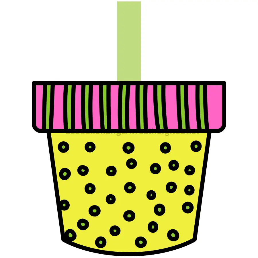 22in Door Hanger Flower Wreath Attachment for Flower Pot wood sign yellow polka-dotted pot with pink striped rim on Tampa Home & Garden Store