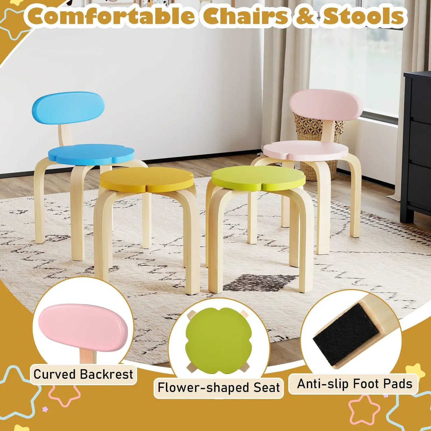 Flower-shaped wooden kids chair set with 4 colorful seats blue pink yellow green on wood legs on Tampa Home & Garden Store