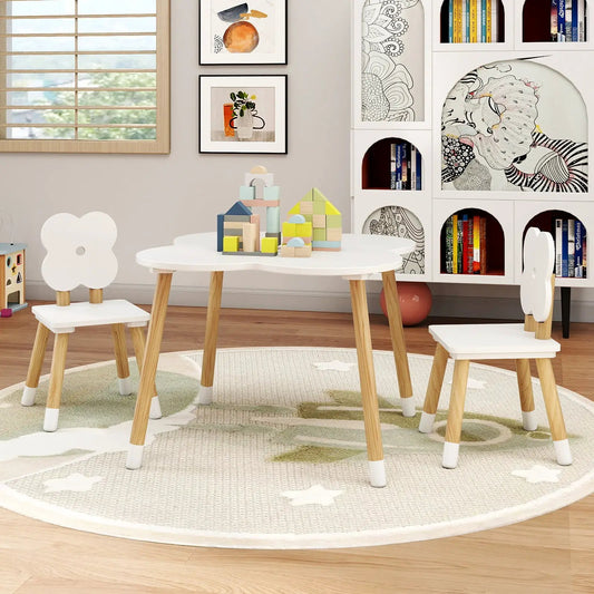 Flower-shaped kids table set with pine wood legs, white table and flower-back chairs on Tampa Home & Garden Store