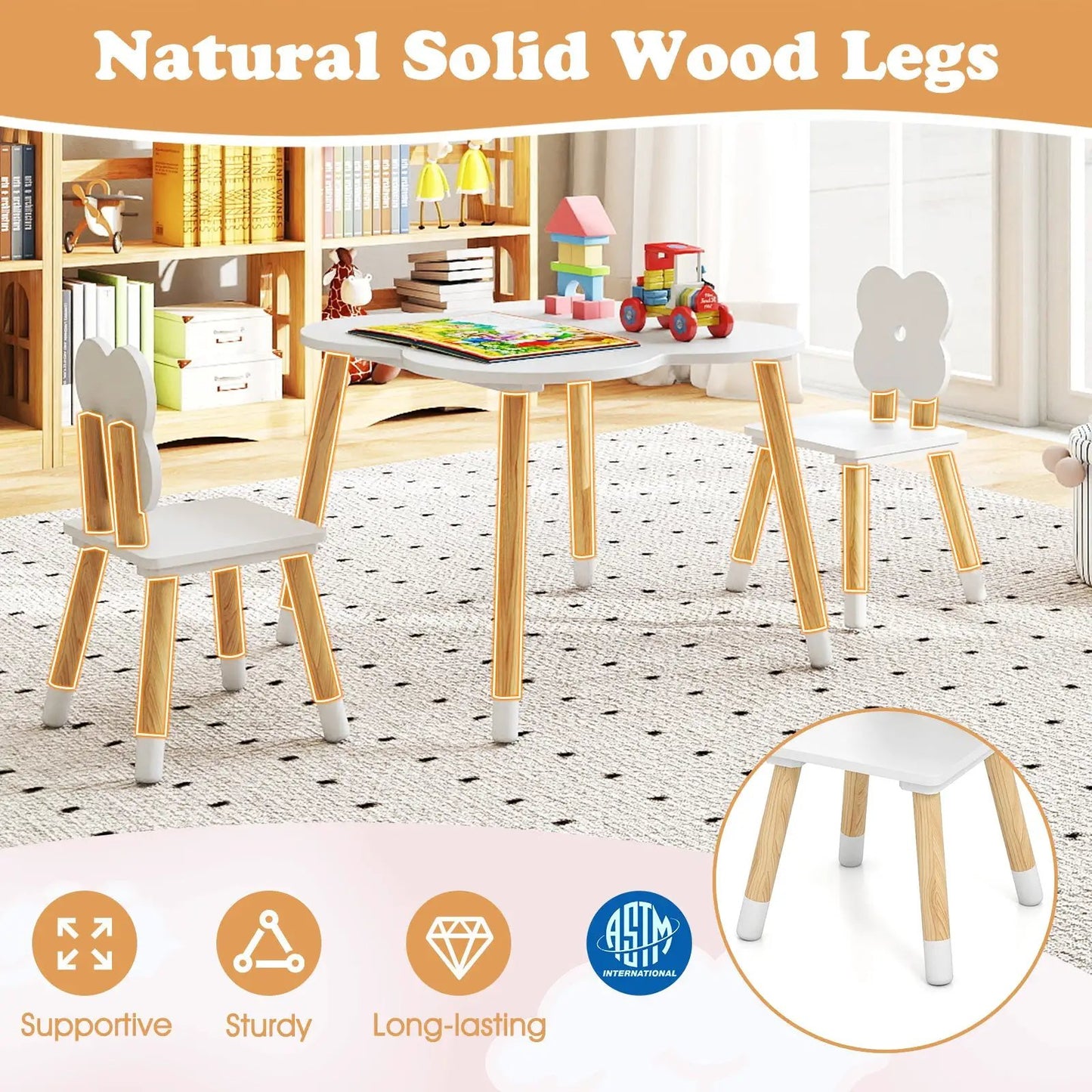 Flower-shaped kids table set with white tabletop and natural pine legs, two chairs on Tampa Home & Garden Store