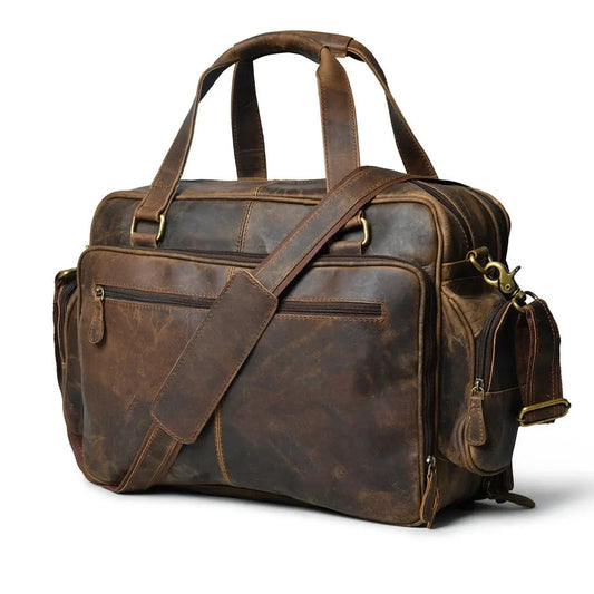 Floyd Handmade Buffalo Leather Briefcase in distressed brown with handles and crossbody strap on Tampa Home & Garden Store