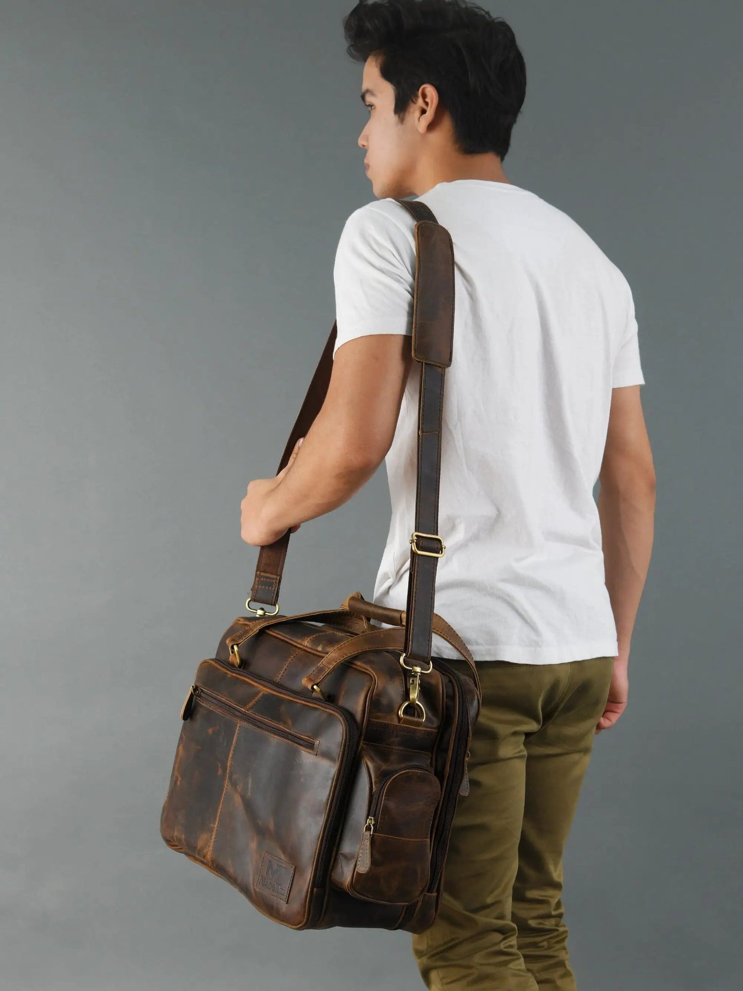 Floyd Handmade Buffalo Leather Office Briefcase brown leather with brass hardware on Tampa Home & Garden Store