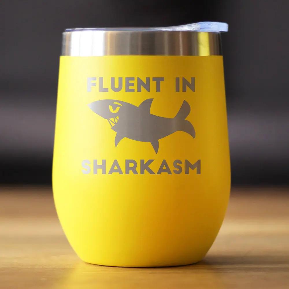 Wine tumbler Fluent in Sharkasm by bevvee, yellow 12 oz stemless shark graphic on Tampa Home & Garden Store