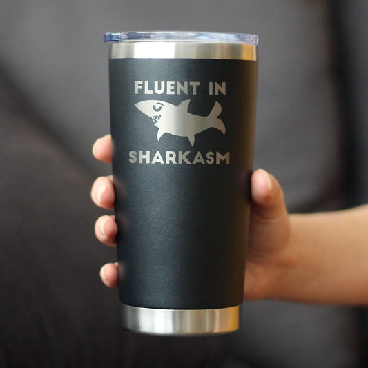 Fluent in Sharkasm insulated tumbler cup with sliding lid, black matte body and white shark logo on Tampa Home & Garden Store