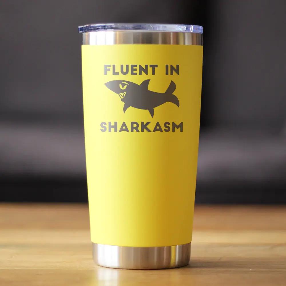 Fluent in Sharkasm shark insulated tumbler by bevvee, yellow stainless steel with lid on Tampa Home & Garden Store