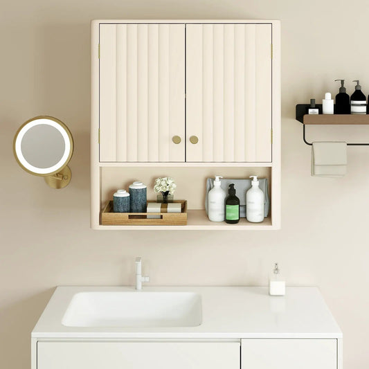 Fluted Bathroom Wall Cabinet With Open Shelf, cream finish, two-door with brass knobs on Tampa Home & Garden Store