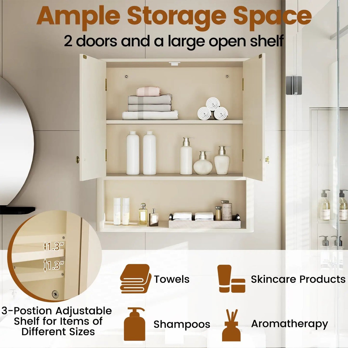 Fluted bathroom wall cabinet with open shelf, towels and bottles inside DirectDeals on Tampa Home & Garden Store