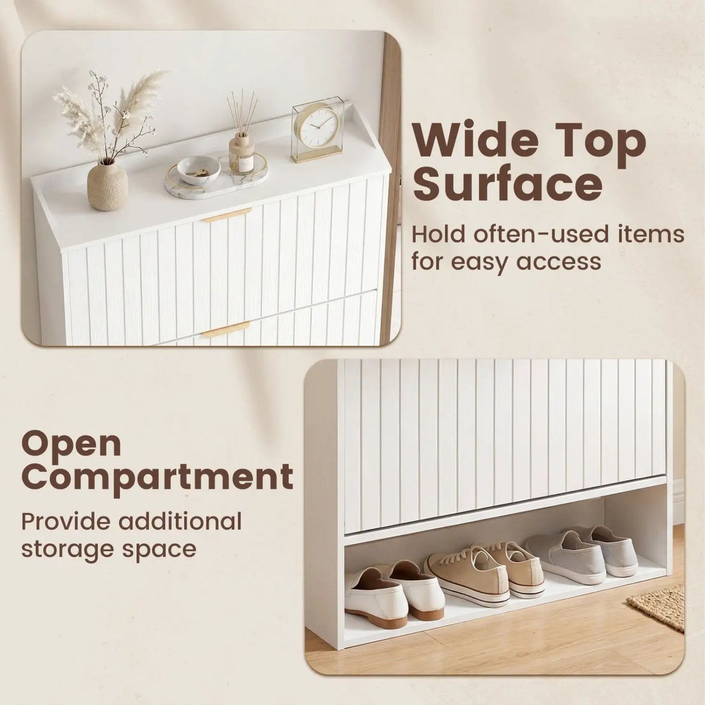 Fluted Shoe Cabinet with Flip Drawers and Storage
